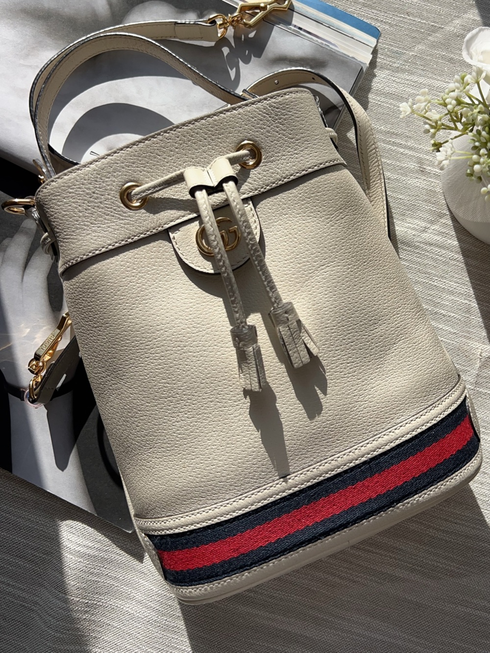 Gucci Small Ophidia Web Bucket Leather Bag
